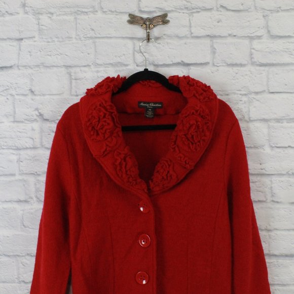 Marisa Christina Red Boiled Wool Detailed Collar Button Front Cardigan Size PM - Picture 2 of 9